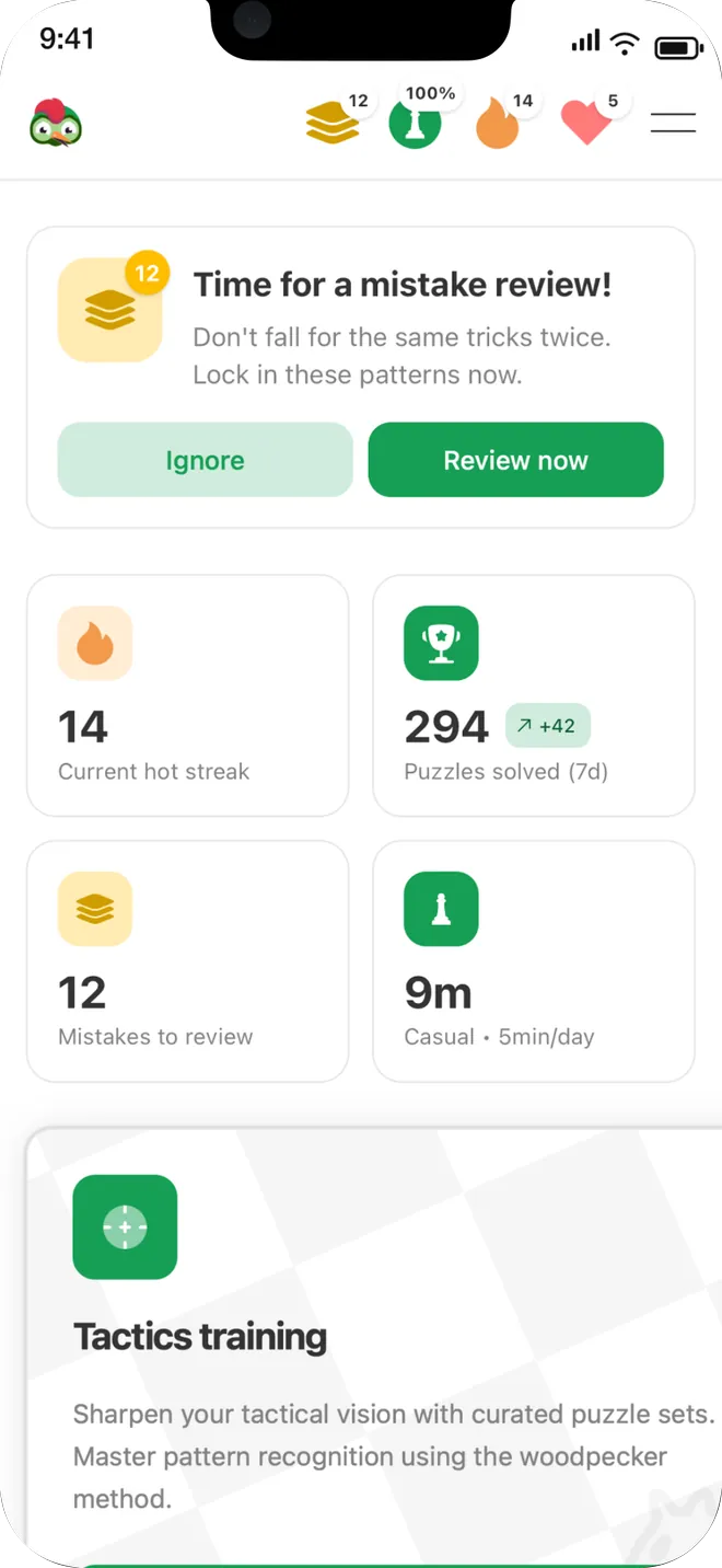 Disco Chess iPhone app dashboard showing a mistake review prompt, a 14 day hot streak, and puzzles solved in the last week