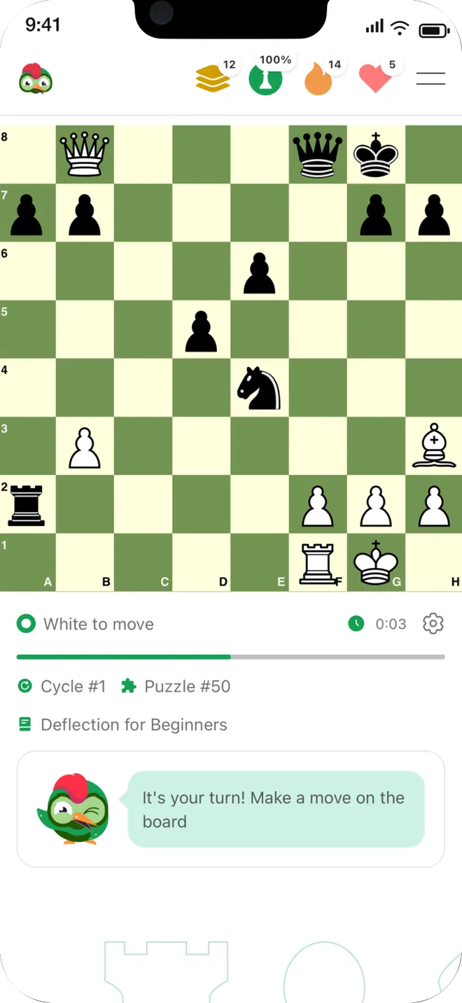 Solving a chess tactics puzzle in the Disco Chess iPhone app, showing the board, solve timer, and current training cycle