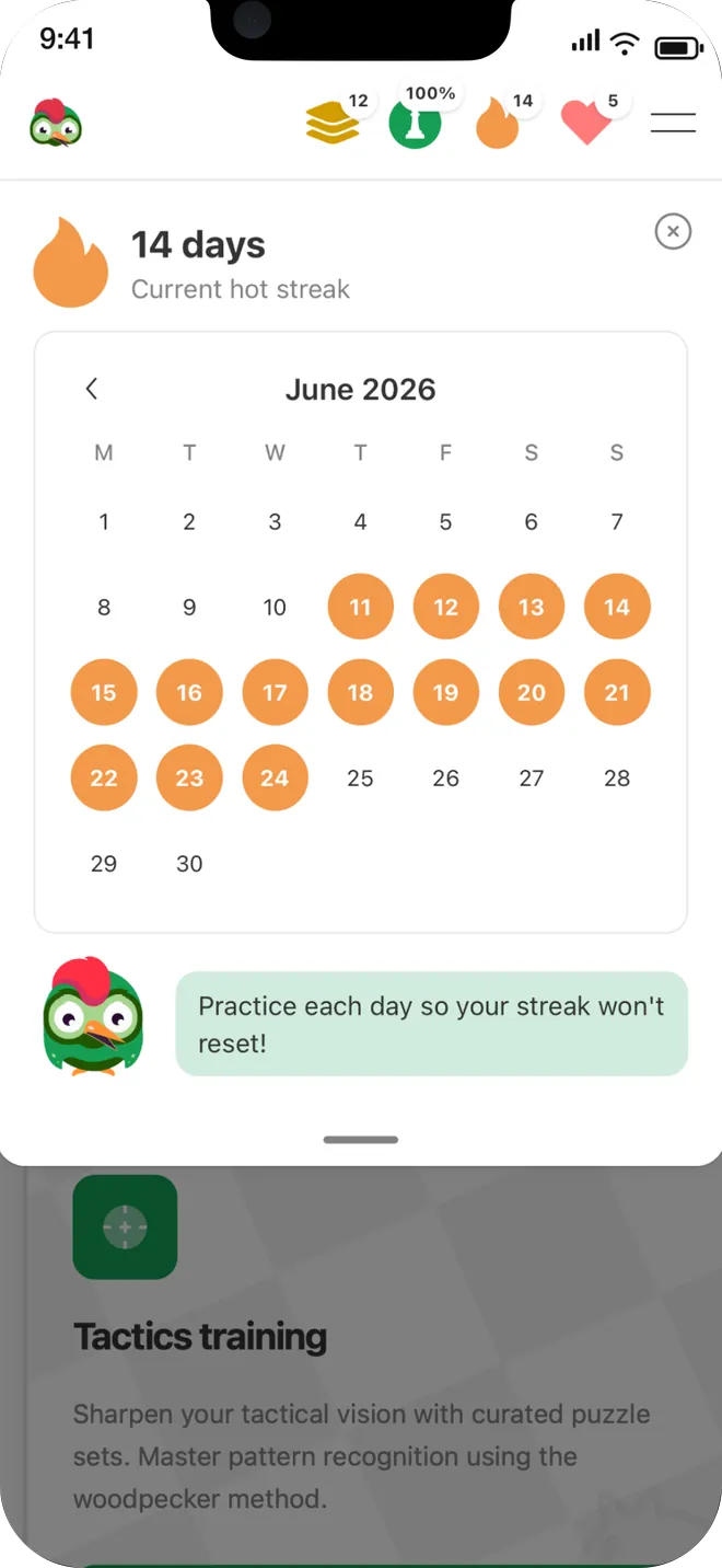 Disco Chess hot streak calendar showing a 14 day daily chess training streak