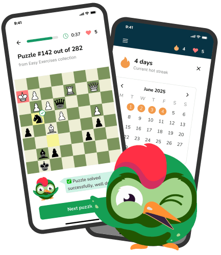 Disco Chess mobile app showing interactive chess puzzle solving interface with progress tracking and statistics