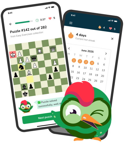 Disco Chess mobile app showing interactive chess puzzle solving interface with progress tracking and statistics